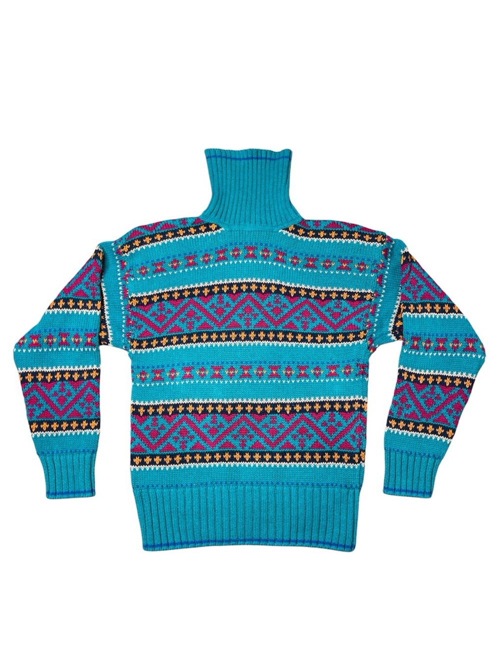 Vintage Y2K Fair Isle Sweater Turtleneck Blue Pink Striped Knit 80s 90s SZ Large